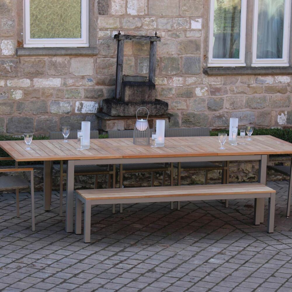atlantic extending table - kubu / teak, reclaim benches, modena chairs - kubu