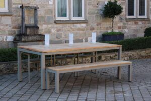 atlantic extending table - kubu / teak, reclaim benches, modena chairs - kubu
