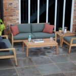 menton outdoor seating range - teak - large sofa, sofa, armchair, coffee table and side table.