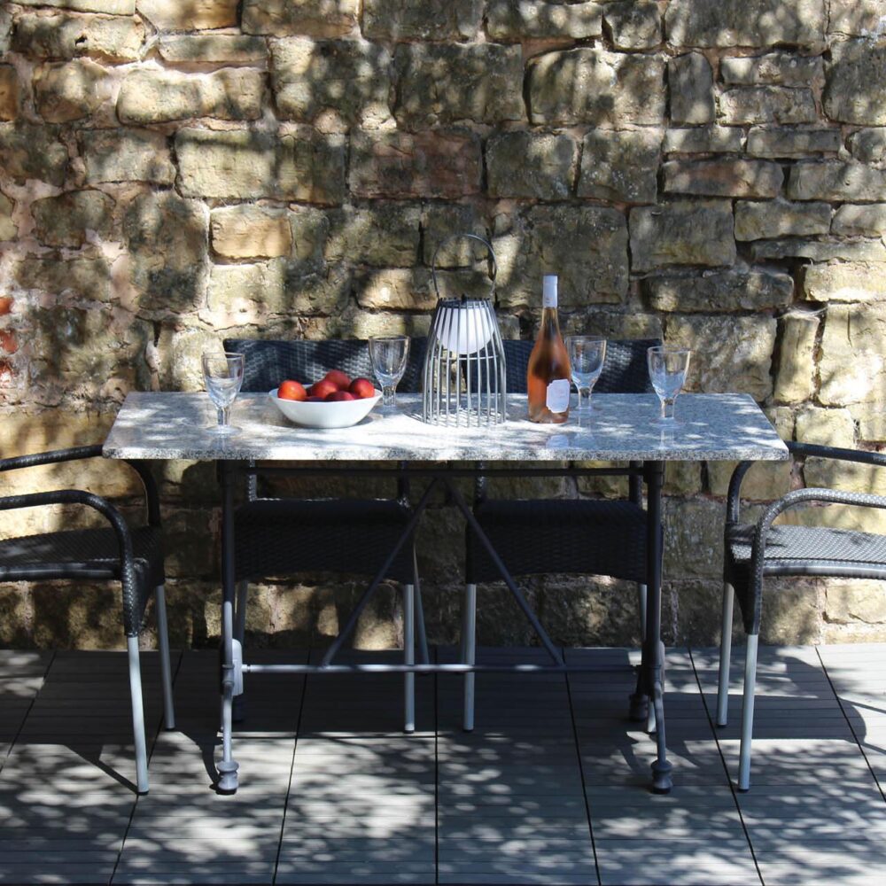 Rollo outdoor dining chairs - slate, sardo granite rectangular top, pigalle rectangular table base