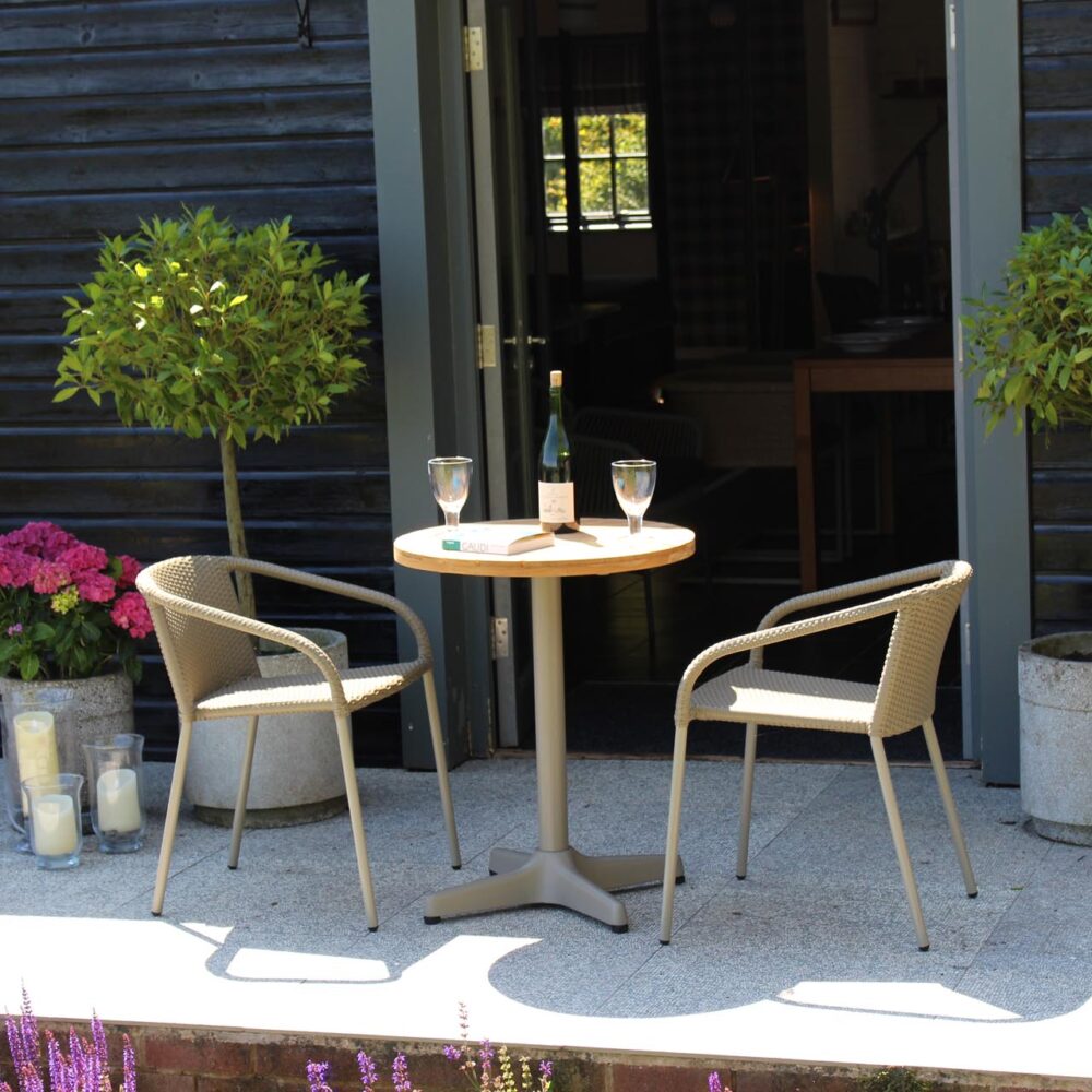 valencia chairs, oxford dining table base - kubu + antibes 60cm dia top