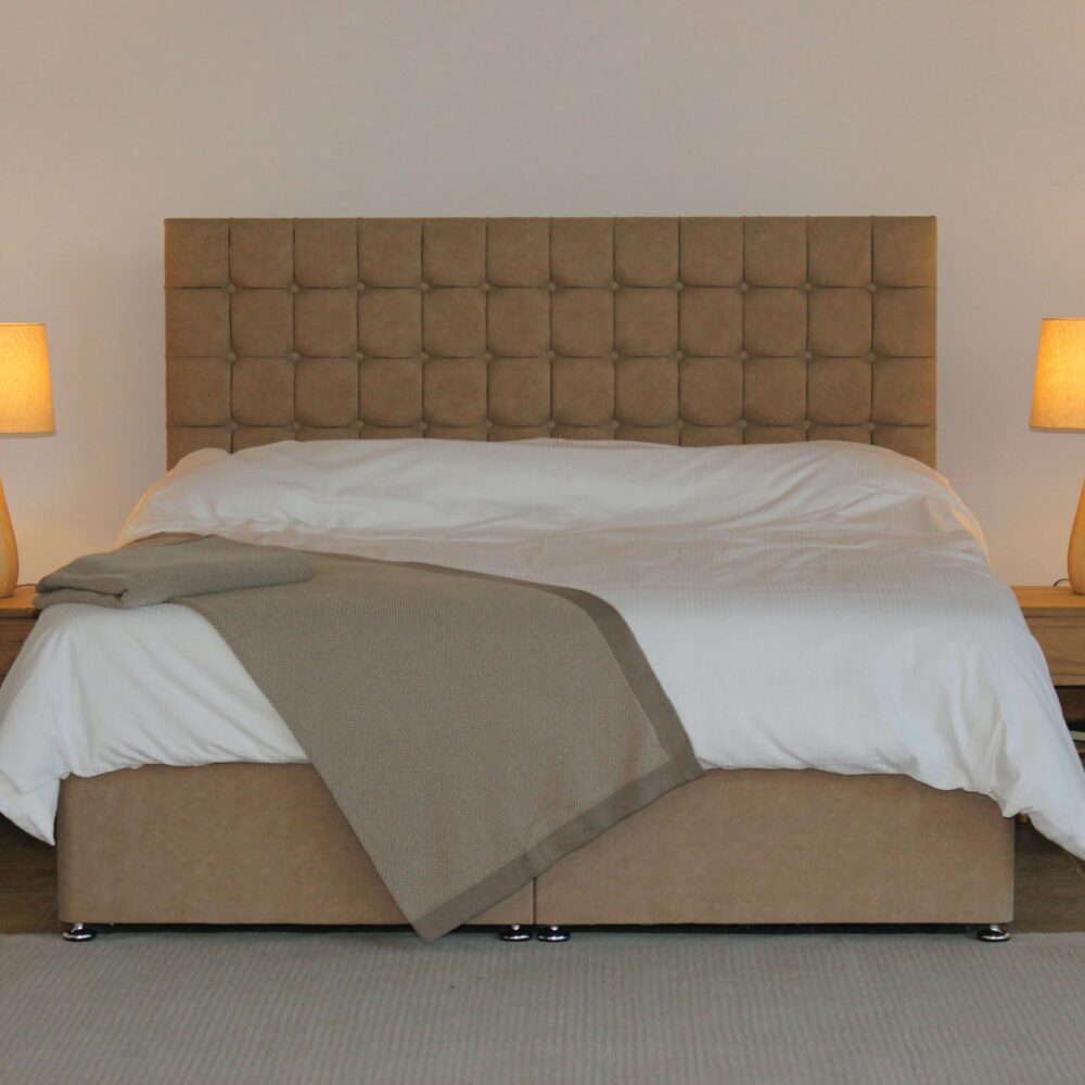 6ft divan base with 2,000 count mattress, soho headboard, shoreditch bedsides, floret table lamps, stitch rug & jura throw.