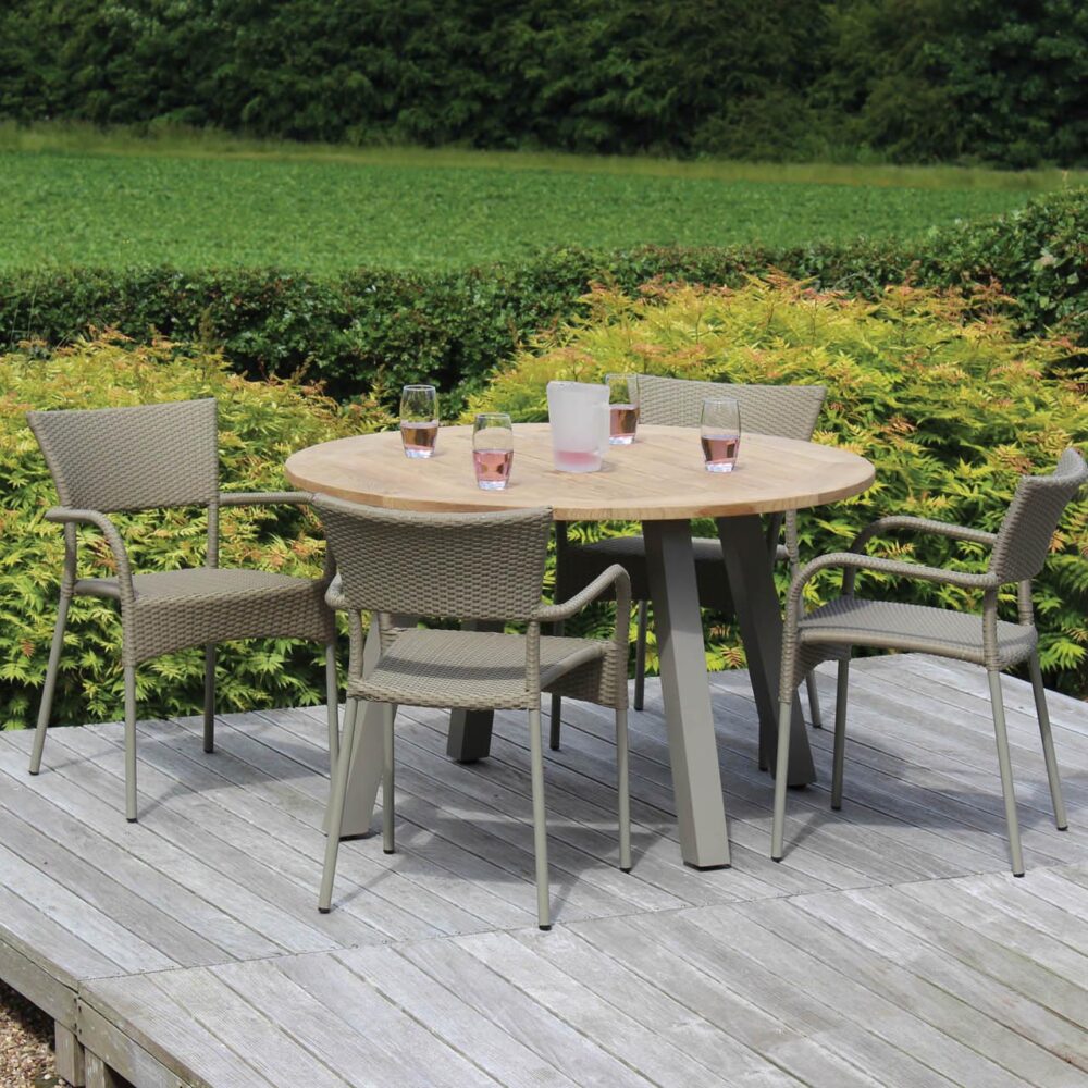 atlantic 120cm outdoor dining table kubu / teak + rollo outdoor armchair - kubu