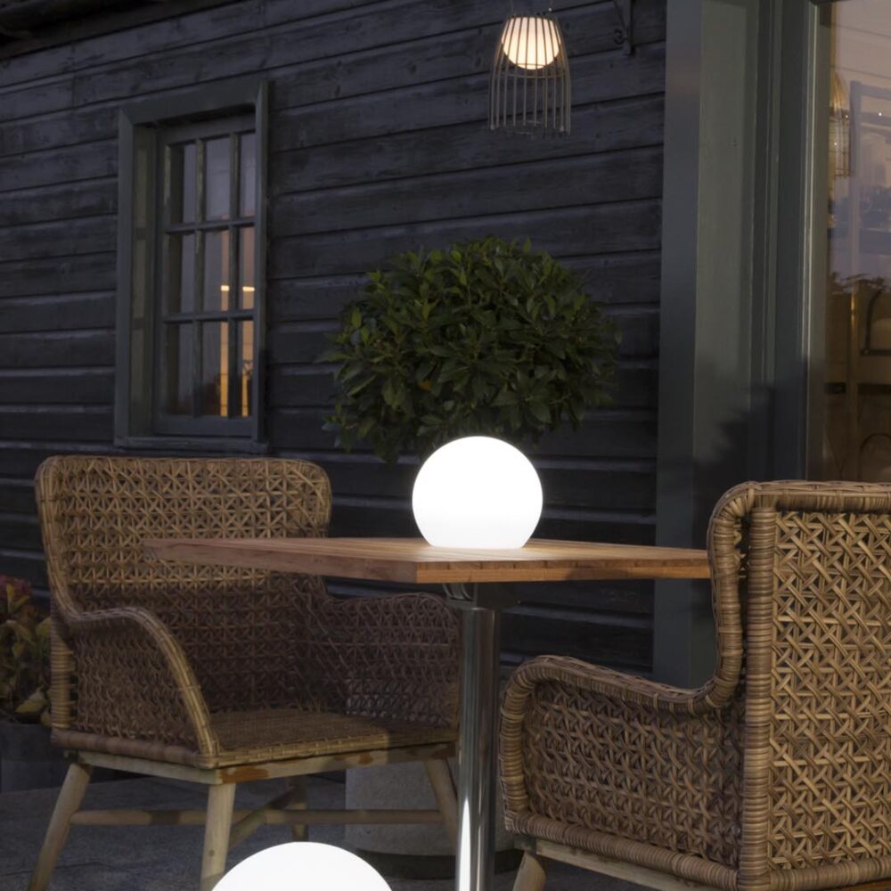 portman outdoor LED lantern with luna outdoor LED globes