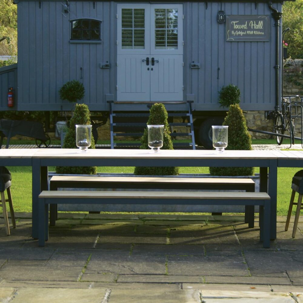 reclaim outdoor dining table with extensions, reclaim benches with harris chairs - slate - mood