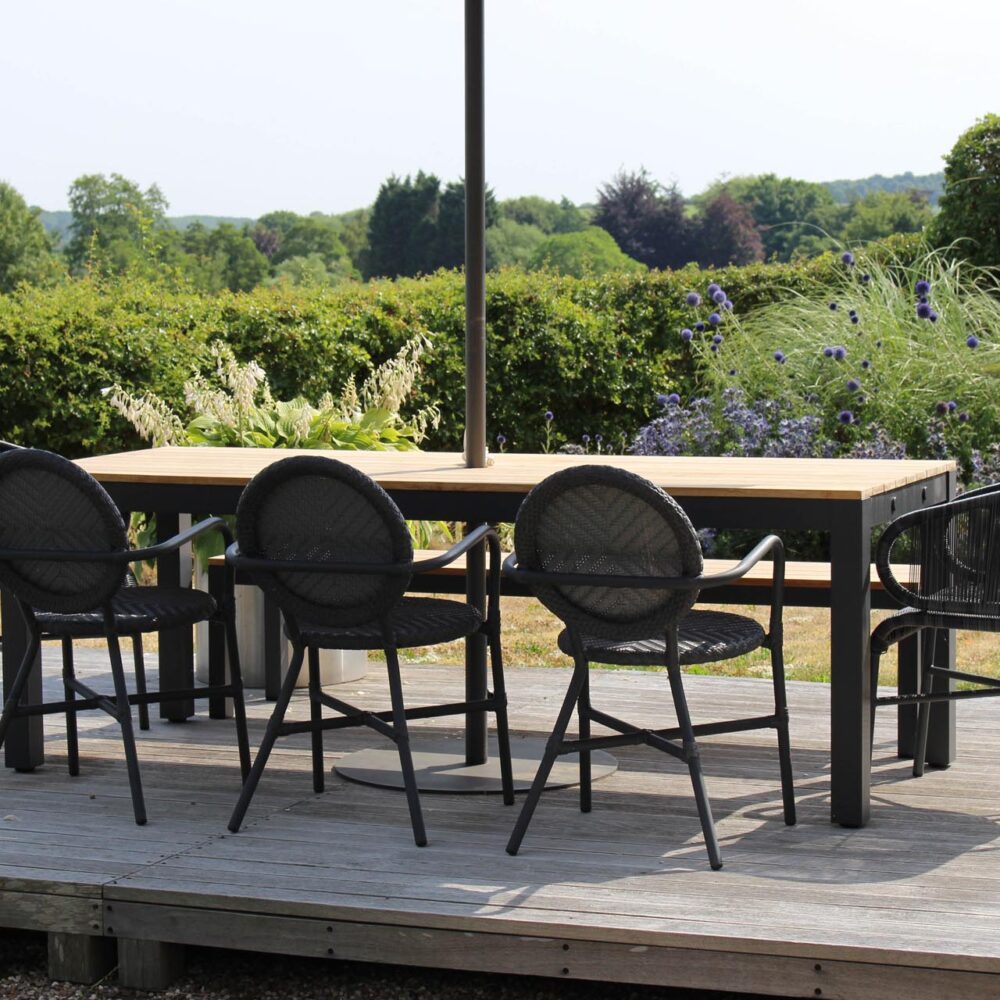 reclaim outdoor dining table, petra and rivoli chairs - anthracite