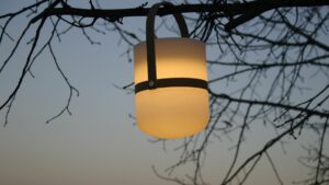 st ives outdoor led lantern - mood - hanging from a tree branch