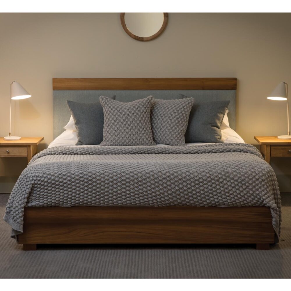 walter king size bed - teak / upholstered headboard, tenby bedsides & bloomsbury table lamps