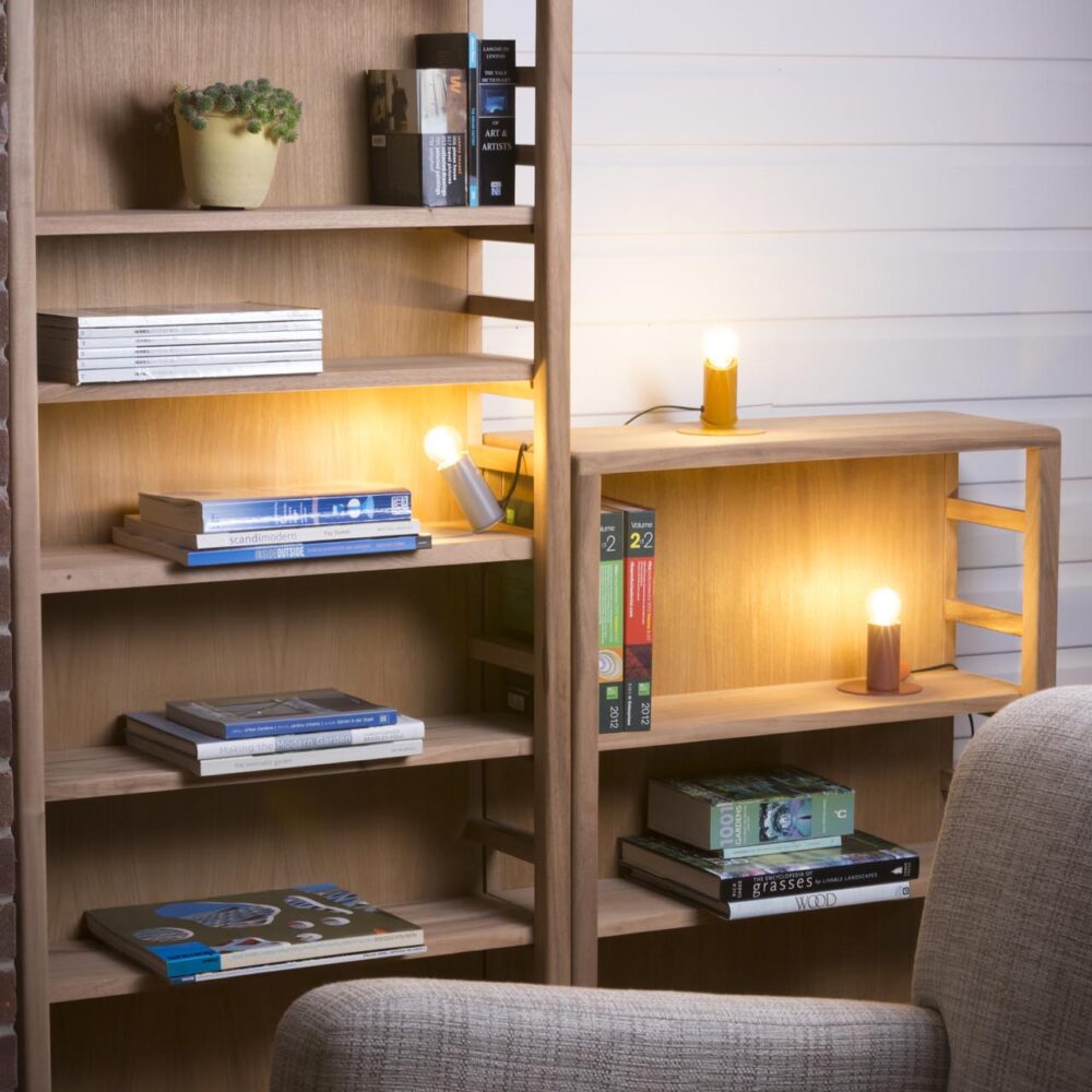 finch lamps on stroma book 150cm & 92cm wooden bookshelves
