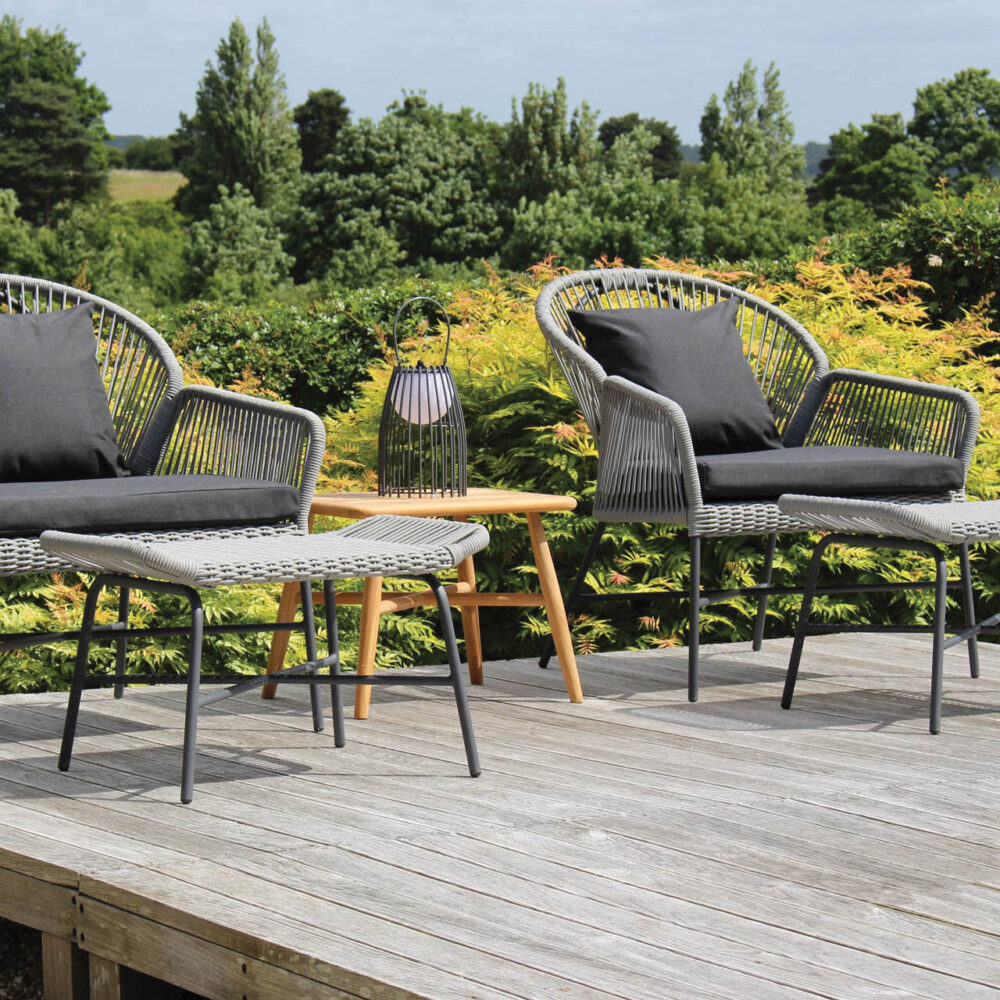 miyako easy chair and footstool slate with pads, scatter cushion, miyako table and portman lantern
