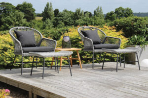 miyako easy chair and footstool slate with pads, scatter cushion, miyako table and portman lantern