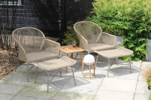 miyako easy chairs and footstools with miyako table and luna led light and stand