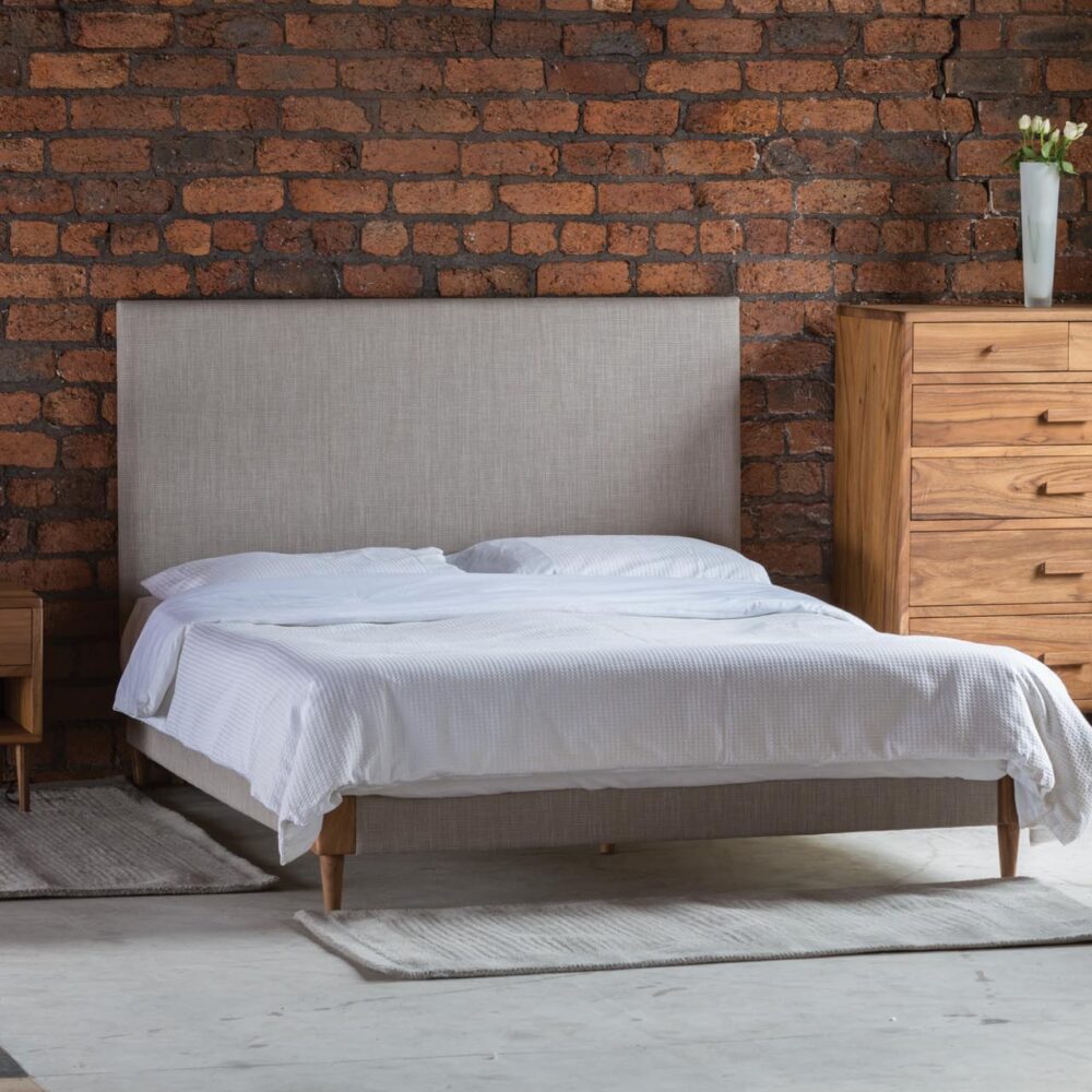 shoreditch upholstered bed, bedside and chest of drawers