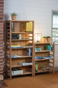 stroma wooden bookcases - mood - 150cm & 92cm wooden bookcase, with kew table lamp & lucena plant pot