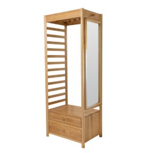 guest open wardrobe - oiled oak - open wardrobe with clothes rail, drawer and hanging pegs - shown with hanging