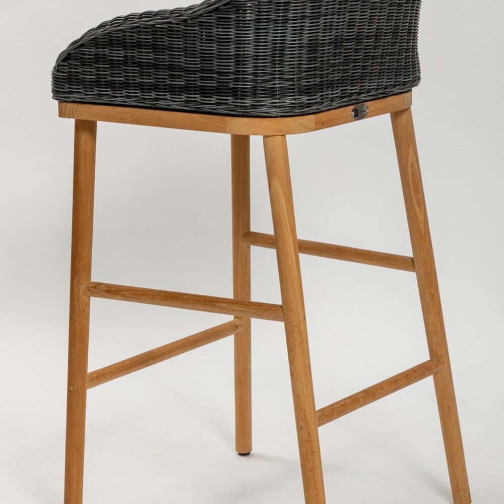 harris outdoor barstool - synthetic slate weave / teak - rear view