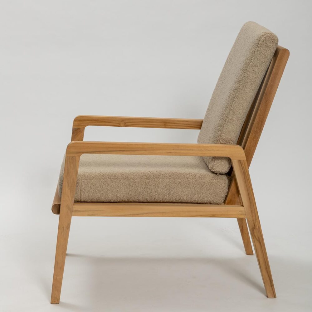 palm springs armchair - teak armchair with upholstered seat and back in pelage pumice - profile view