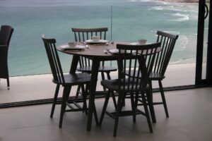 marseille 110cm round table - shale, with rib chairs and repas porcelain