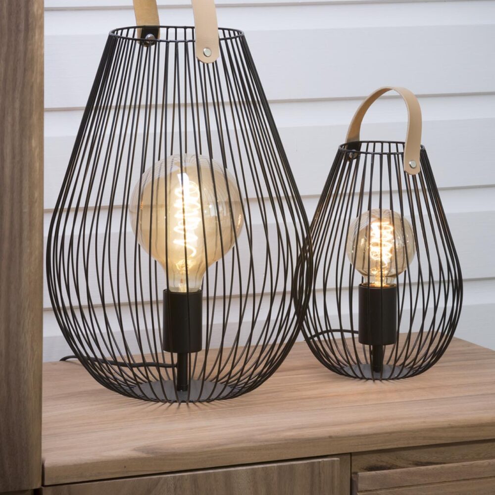 cage table lamps (large & small) with globe led bulbs (125mm & 80mm)