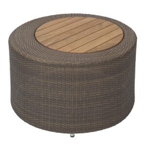 concentric outdoor coffee table - synthetic summergrass weave / teak top insert