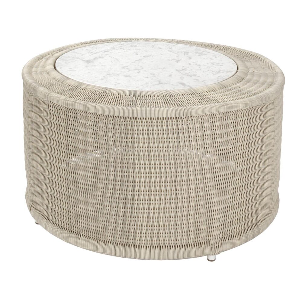 concentric outdoor coffee table - silky white weave / carrara marble top