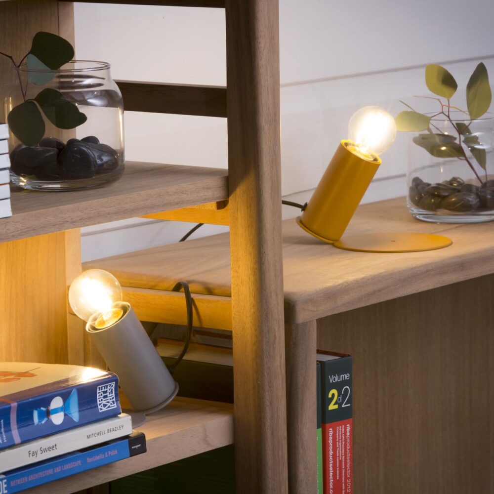 finch table lamps - shown on stroma book shelves