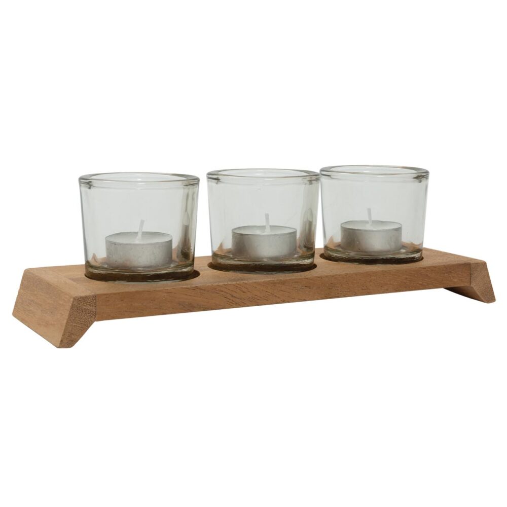 platform tealight tray - teak / glass