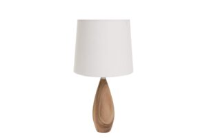 teardrop table lamp base - teak. wooden table lamp base with 30/25 shade in white.
