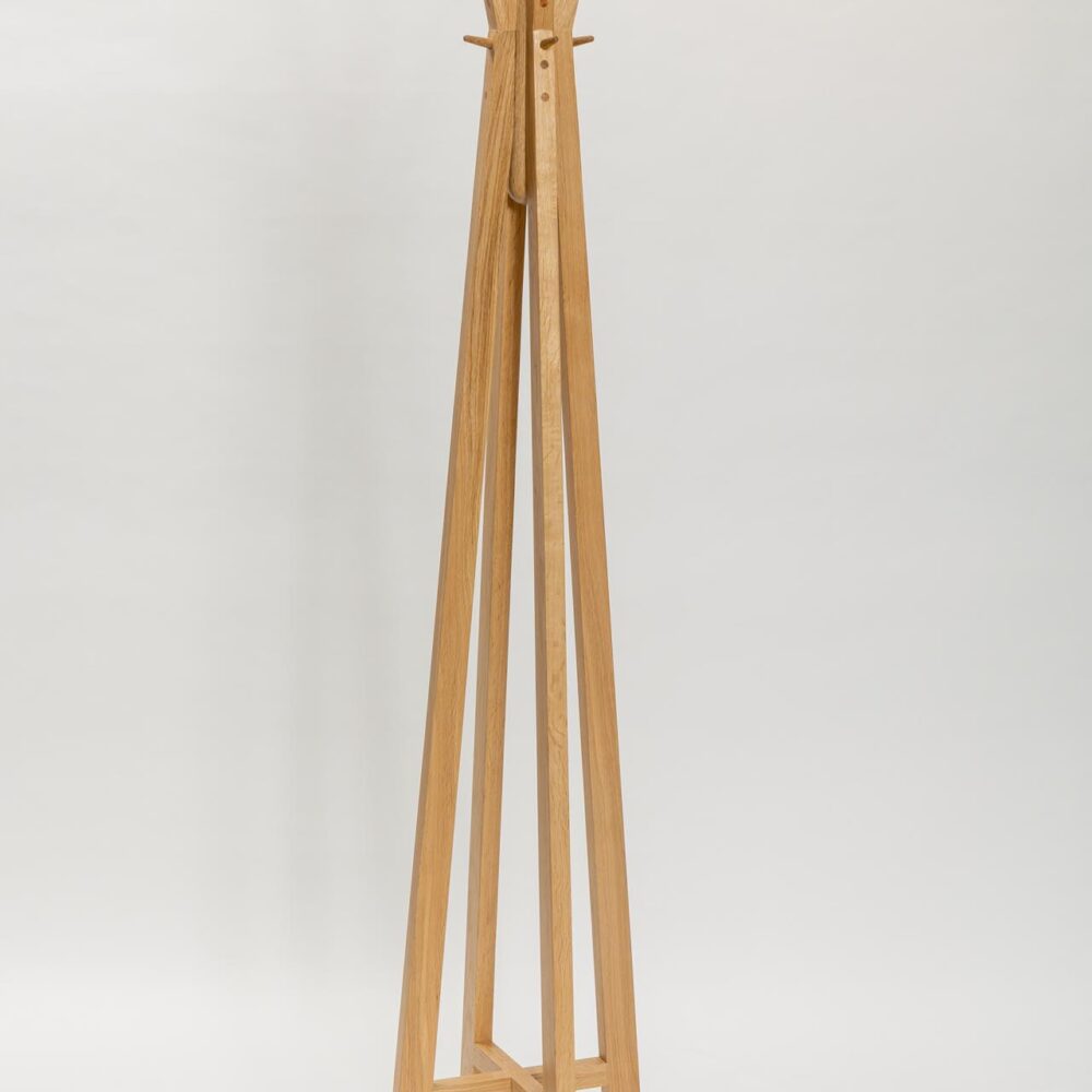 totem coat and hat stand - oiled oak - striking freestanding wooden coat and hat stand with umbrella hook