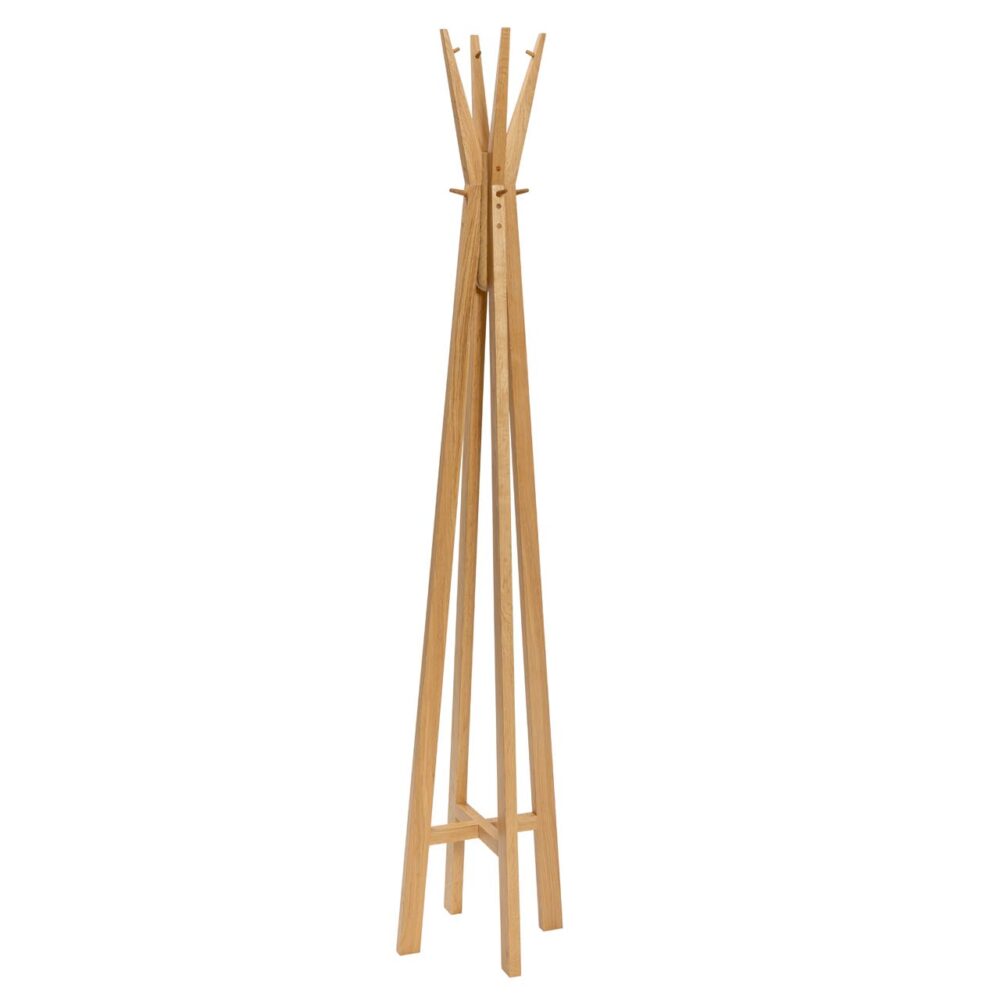 totem coat and hat stand - oiled oak - striking freestanding wooden coat and hat stand with umbrella hook