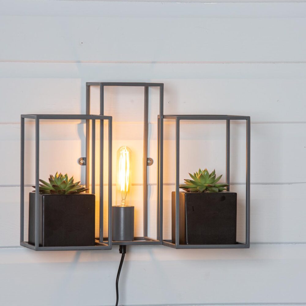 kew wall lamp with shelves - dark grey - mood shot with cacti