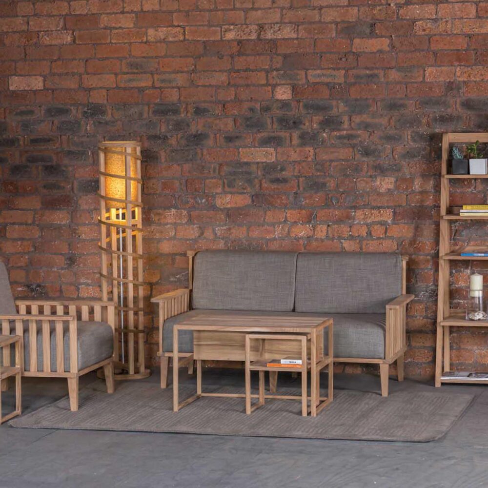 paling indoor armchair & sofa with totem shelves, stitch rug, bento tables and coil lamp