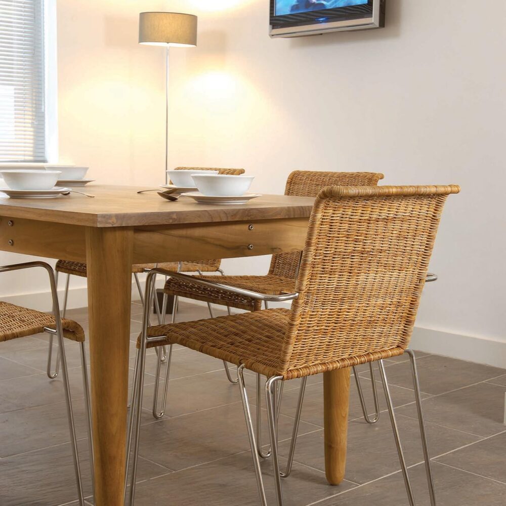 tangiers dining armchair - natural pulut & stainless steel + harbour dining table - teak