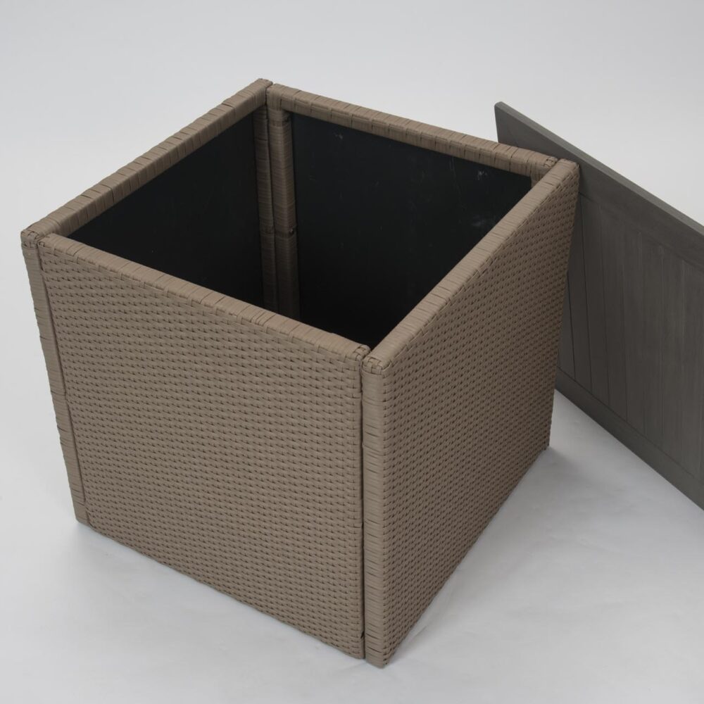 clumber outdoor storage cube / table - woven cube in synthetic weave with a poly-wood top.