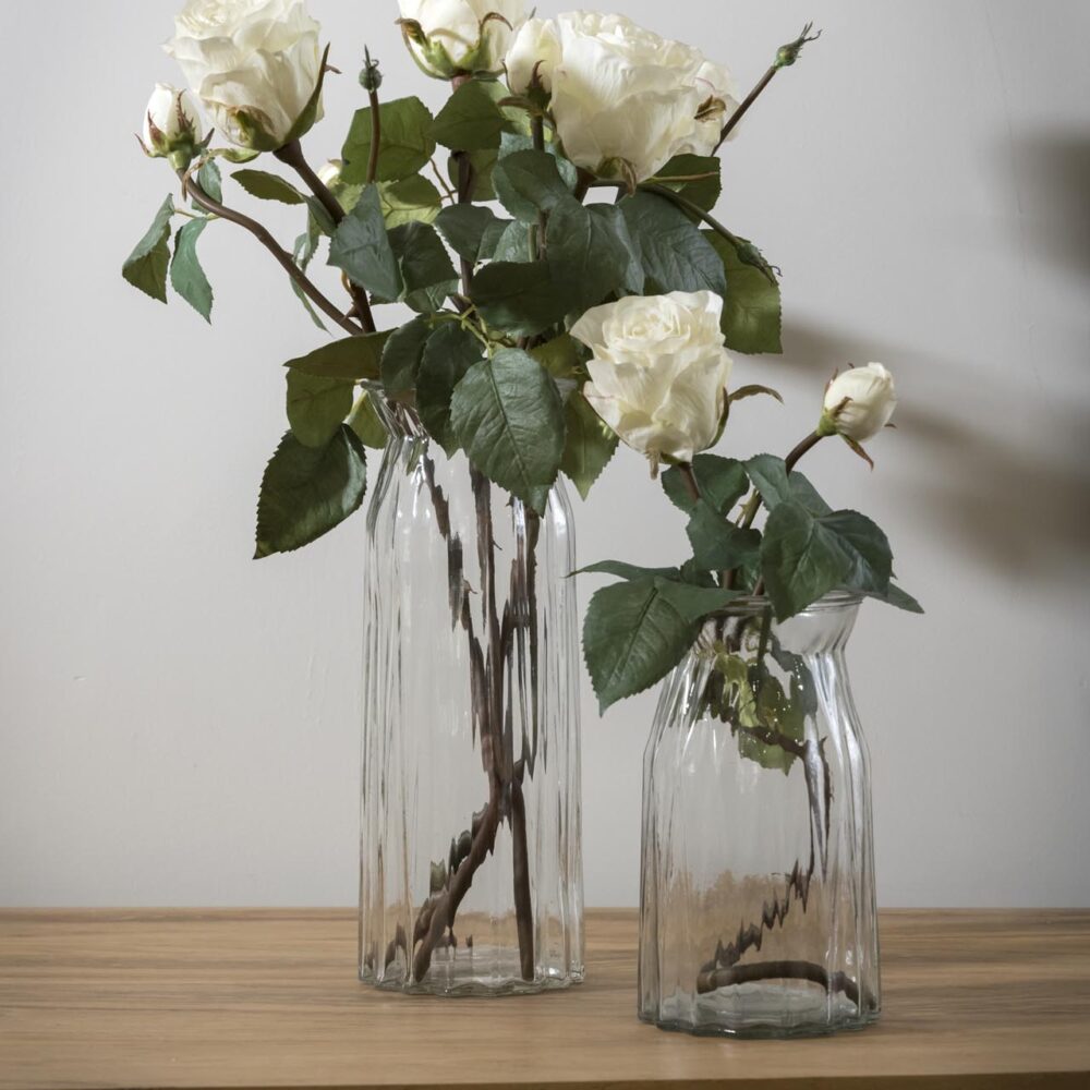 flute glass vases - 30cm & 20cm - clear glass - shown with silk flowers
