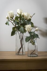 flute glass vases - 30cm & 20cm - clear glass - shown with silk flowers