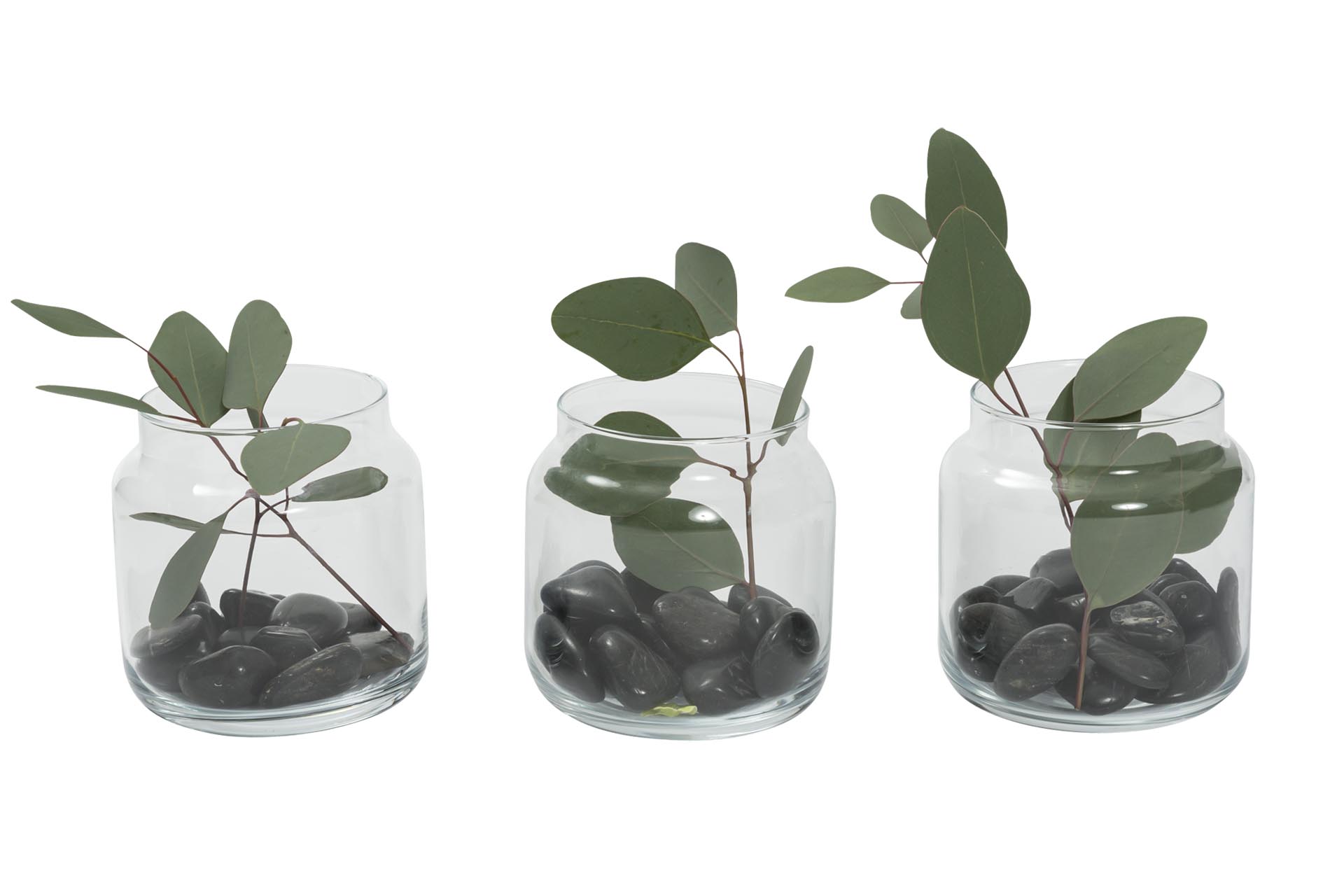 shoulder mini vases group of 3 - glass vases with pebbles and foliage