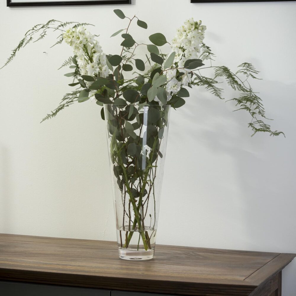 wave glass vase - clear - large handmade vase - shown with white flowers and foliage