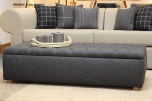chesterfield upholstered storage table - 140cm - upholstered in moon wool - buttoned.