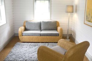 oscar sofa & armchair, vienna painted floor lamp & mane slate rug