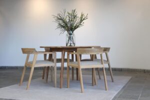 shoreditch 120cm dining table teak & hampstead dining chair teak, ghent flower vase & stitch 2m x 3m rug cobblestone.