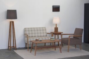 shoreditch 100cm sofa, armchair, 100cm coffee table & side table, cross floor lamp, flask table lamp, shoulder 16cm vase & stitch rug - 170 x 240cm - oyster