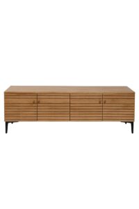 chameleon 150cm low unit - oiled oak. storage cabinet for tv, media and hifi. shown with black metal legs.