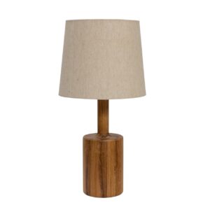 flask table lamp with 30-25 shade in natural. bottle shaped wooden lamp and cone shade.