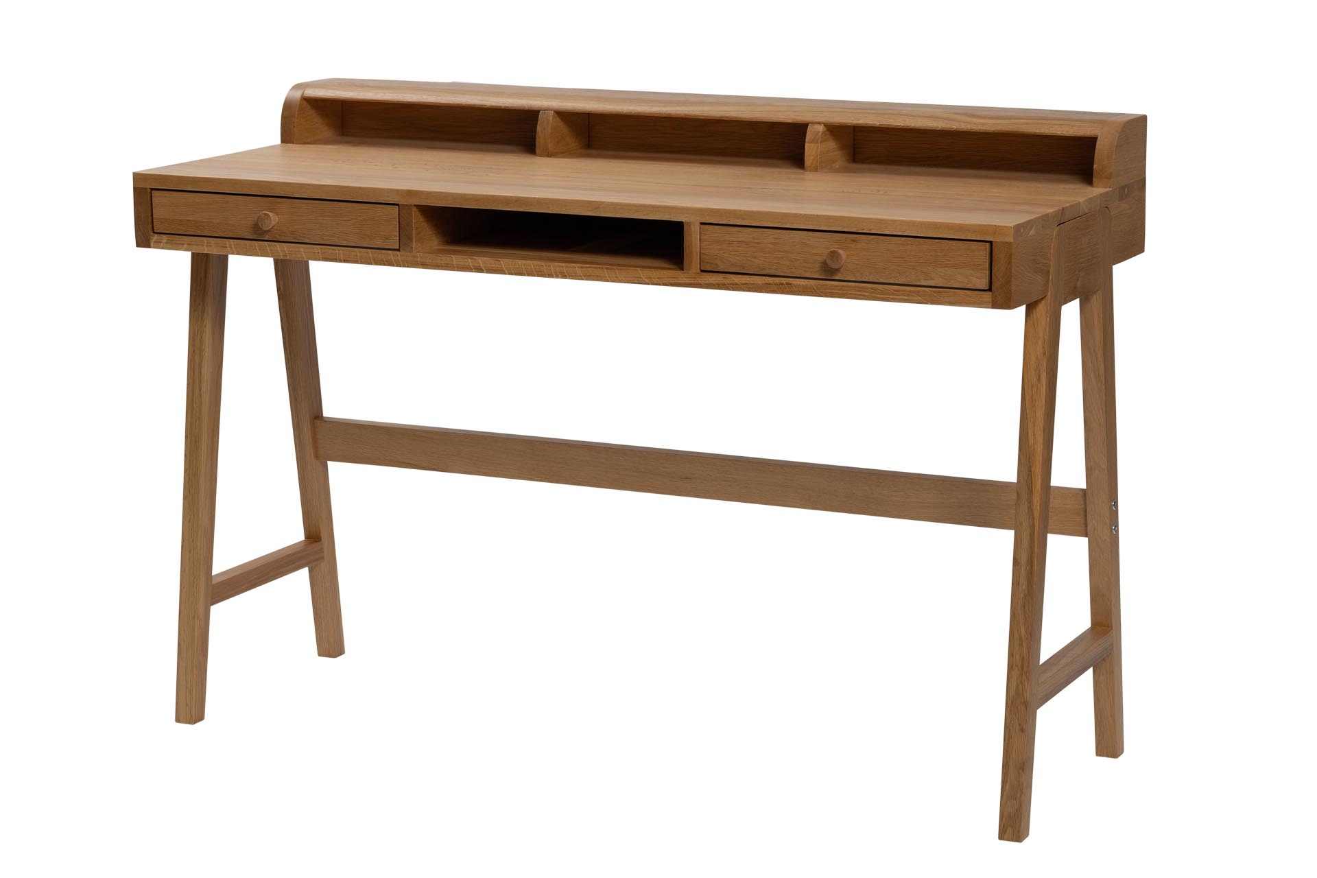 pelican desk - oiled oak - mid-century style desk drawers, shelves and storage compartments.