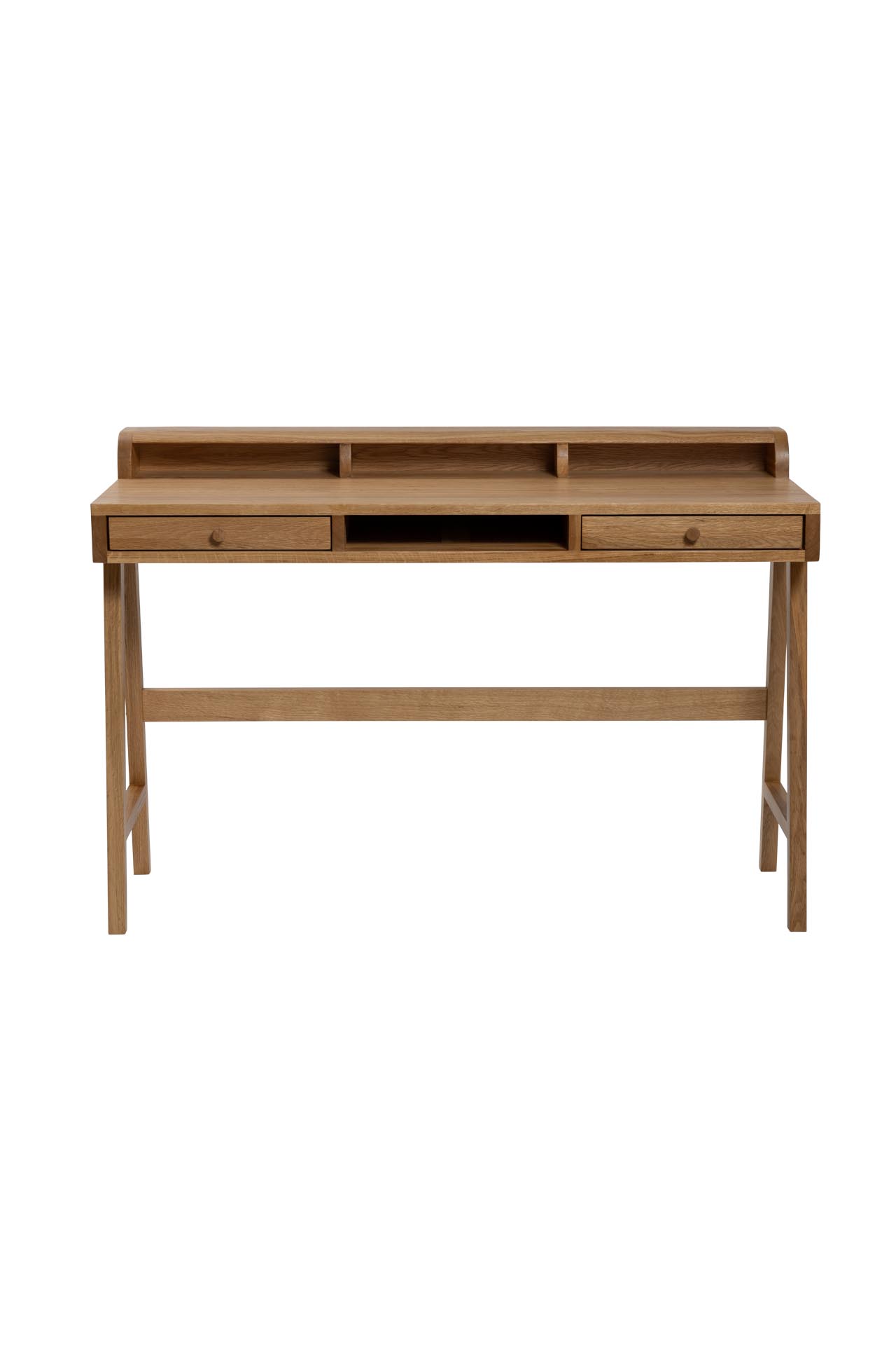 pelican desk - oiled oak - mid-century style desk drawers, shelves and storage compartments.