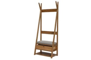 totem hall stand - oak. freestanding hall stand for coat and shoe storage, made in oiled oak. shown with optional drawer and pad