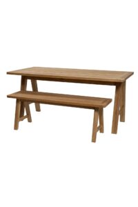 trestle outdoor dining table and bench in plantation teak